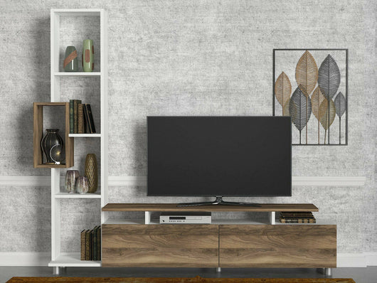 Parete attrezzata Biskek, Composizione soggiorno, Mobile salotto multiuso, Armadio porta TV, 160x30 h167 cm, Bianco e Noce
