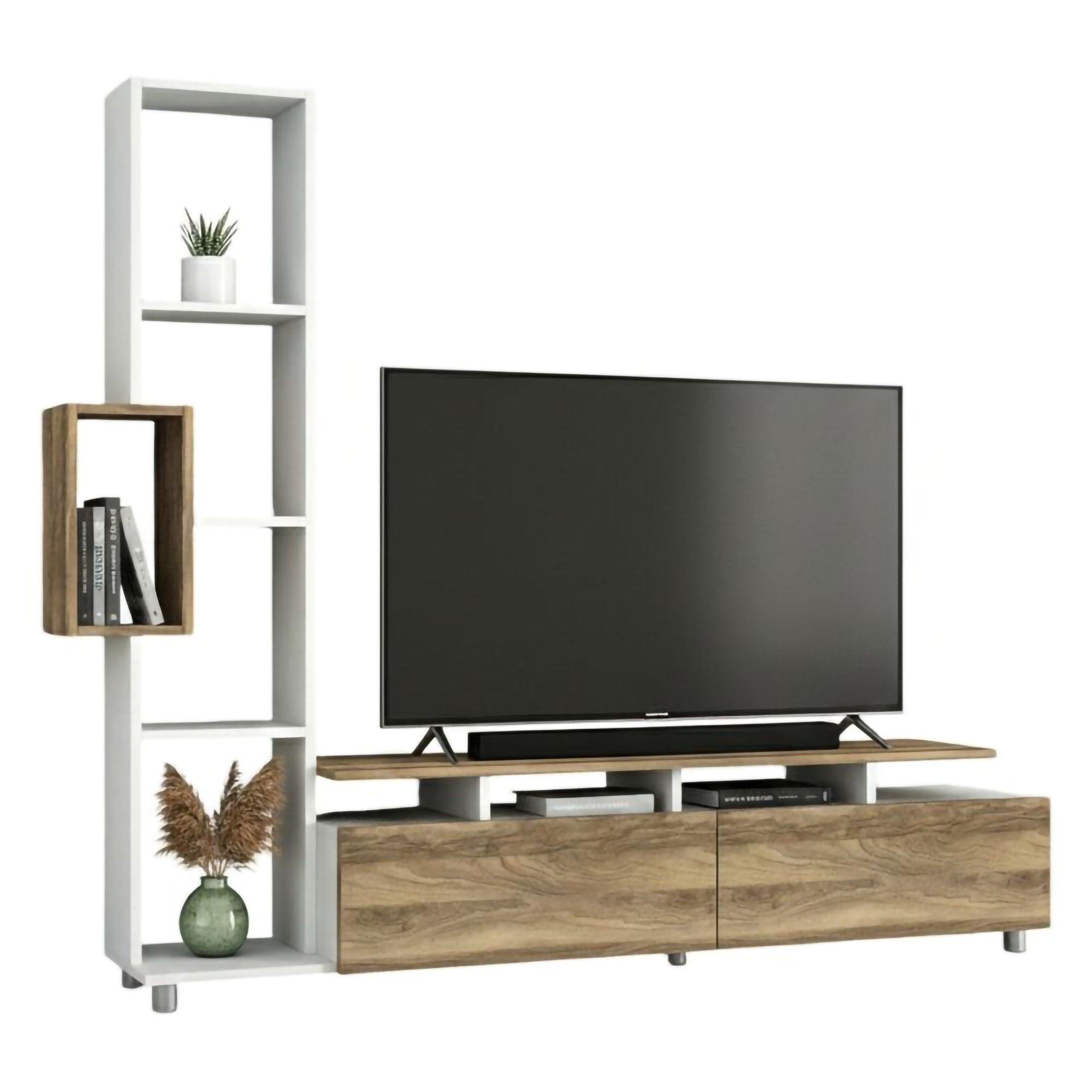 Parete attrezzata Biskek, Composizione soggiorno, Mobile salotto multiuso, Armadio porta TV, 160x30 h167 cm, Bianco e Noce