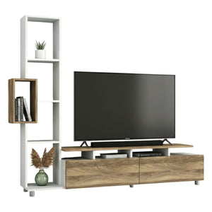 Parete attrezzata Biskek, Composizione soggiorno, Mobile salotto multiuso, Armadio porta TV, 160x30 h167 cm, Bianco e Noce
