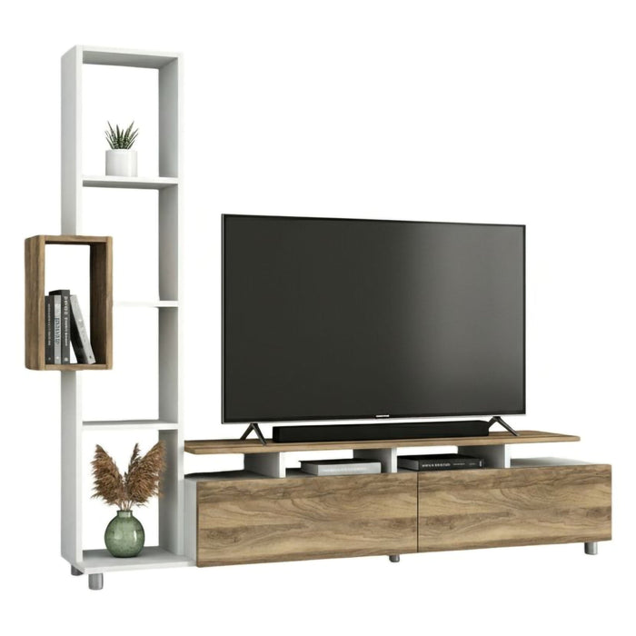 Parete attrezzata Biskek, Composizione soggiorno, Mobile salotto multiuso, Armadio porta TV, 160x30 h167 cm, Bianco e Noce
