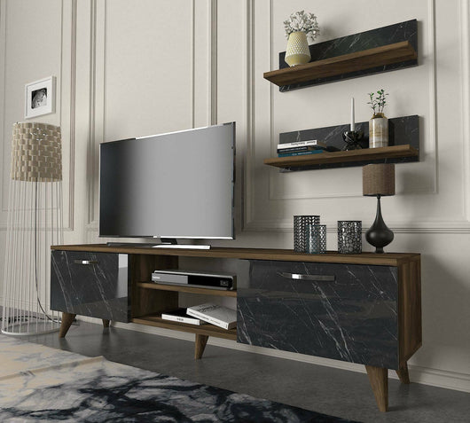 Parete attrezzata Ipsicratea, Composizione soggiorno, Mobile salotto multiuso, Armadio porta TV, 150x30 h41 cm, Noce e Grigio