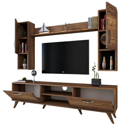 Parete attrezzata Tino, Composizione soggiorno, Mobile salotto multiuso, Armadio porta TV, 180x35 h49 cm, Noce