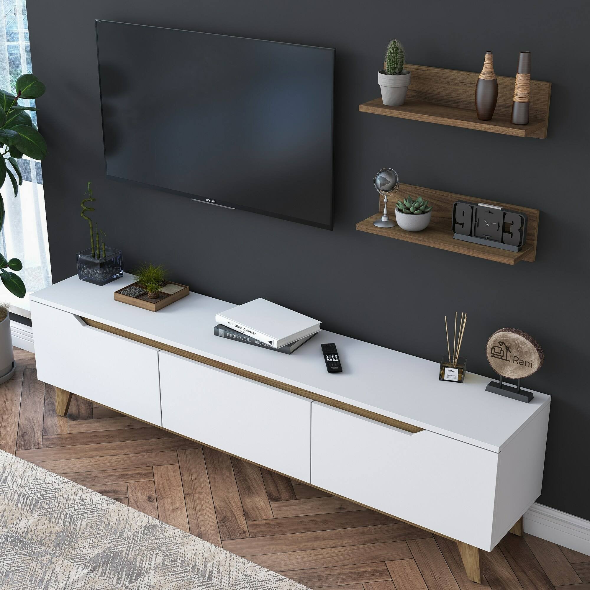 Parete attrezzata Mukda, Composizione soggiorno, Mobile salotto multiuso, Armadio porta TV, 180x35 h49 cm, Bianco e Noce