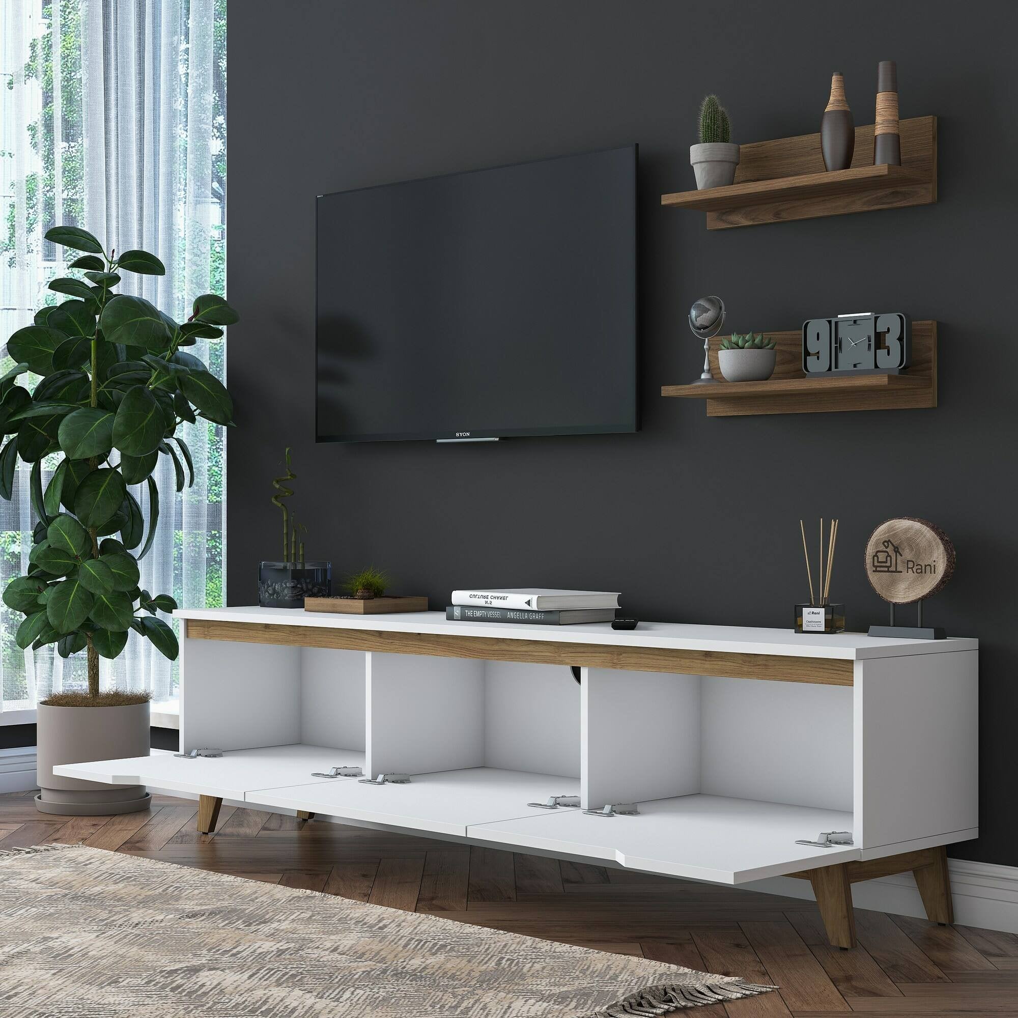 Parete attrezzata Mukda, Composizione soggiorno, Mobile salotto multiuso, Armadio porta TV, 180x35 h49 cm, Bianco e Noce