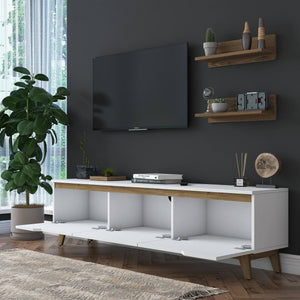 Parete attrezzata Mukda, Composizione soggiorno, Mobile salotto multiuso, Armadio porta TV, 180x35 h49 cm, Bianco e Noce