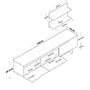 Parete attrezzata Mukda, Composizione soggiorno, Mobile salotto multiuso, Armadio porta TV, 180x35 h49 cm, Bianco e Noce