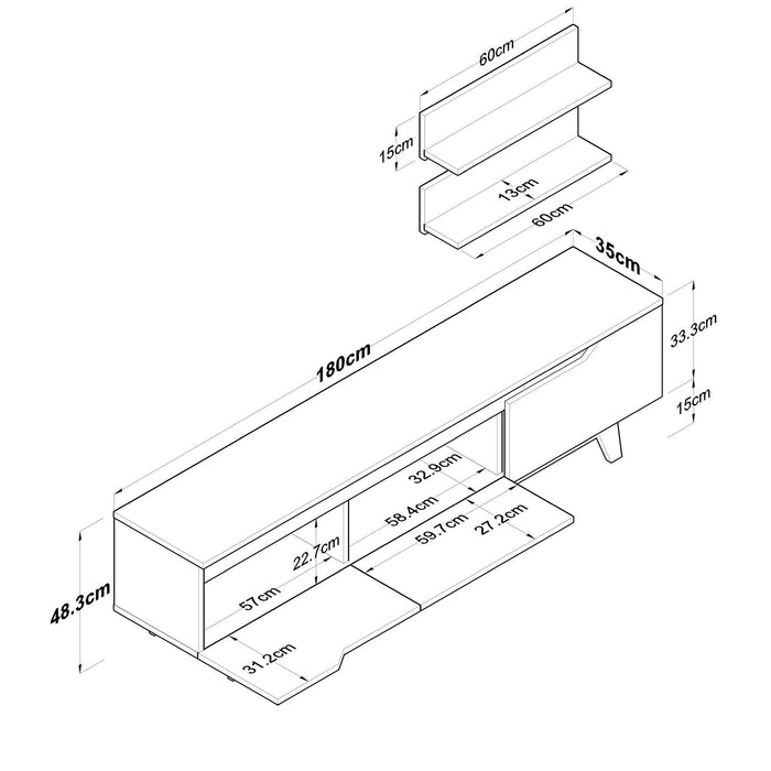 Parete attrezzata Mukda, Composizione soggiorno, Mobile salotto multiuso, Armadio porta TV, 180x35 h49 cm, Bianco e Noce
