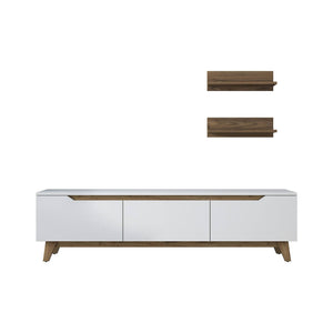 Parete attrezzata Mukda, Composizione soggiorno, Mobile salotto multiuso, Armadio porta TV, 180x35 h49 cm, Bianco e Noce