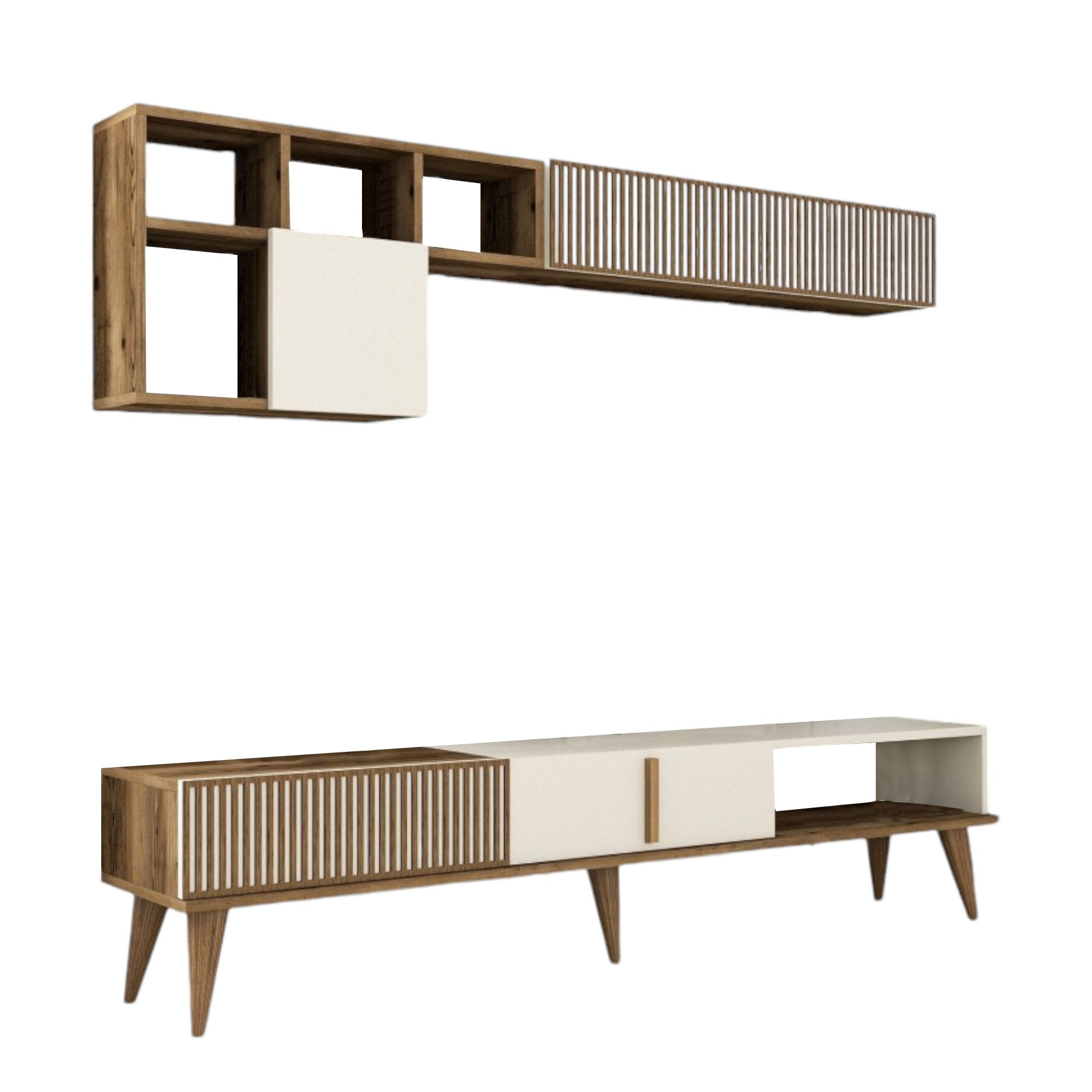 Parete attrezzata Gordon, Composizione soggiorno, Mobile salotto multiuso, Armadio porta TV, 180x35 h40 cm, Noce e Crema