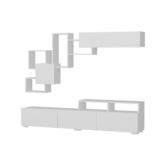 Parete attrezzata HuaMulan, Composizione soggiorno, Mobile salotto multiuso, Armadio porta TV, 210x37 h47 cm, Bianco