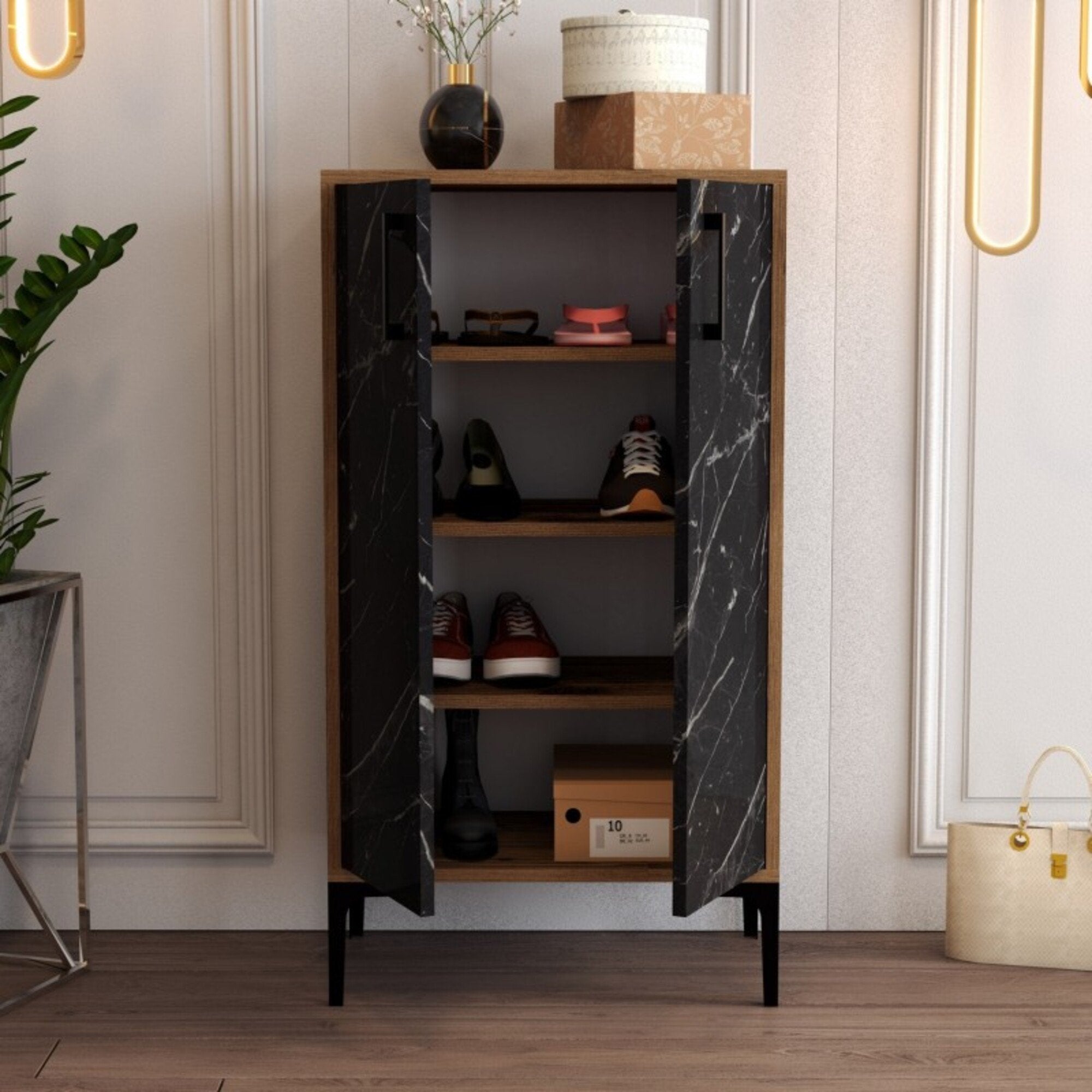 Scarpiera Ngerulmud, Mobile portascarpe, Armadio da ingresso multiuso, Mobiletto per calzature, 60x35 h111 cm, Noce e Nero