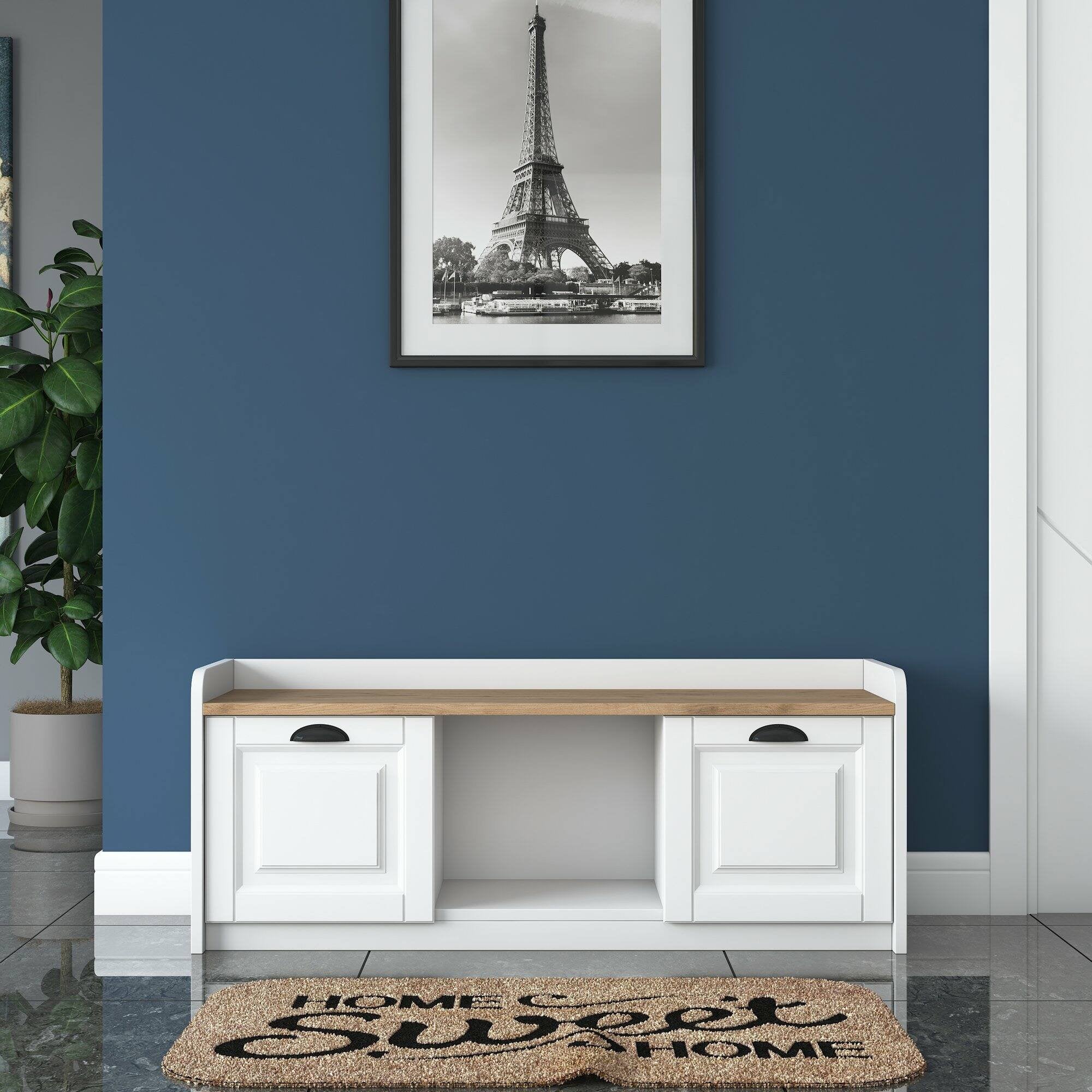 Scarpiera Egay, Mobile portascarpe, Armadio da ingresso multiuso, Mobiletto per calzature, 120x40 h45 cm, Bianco e Noce