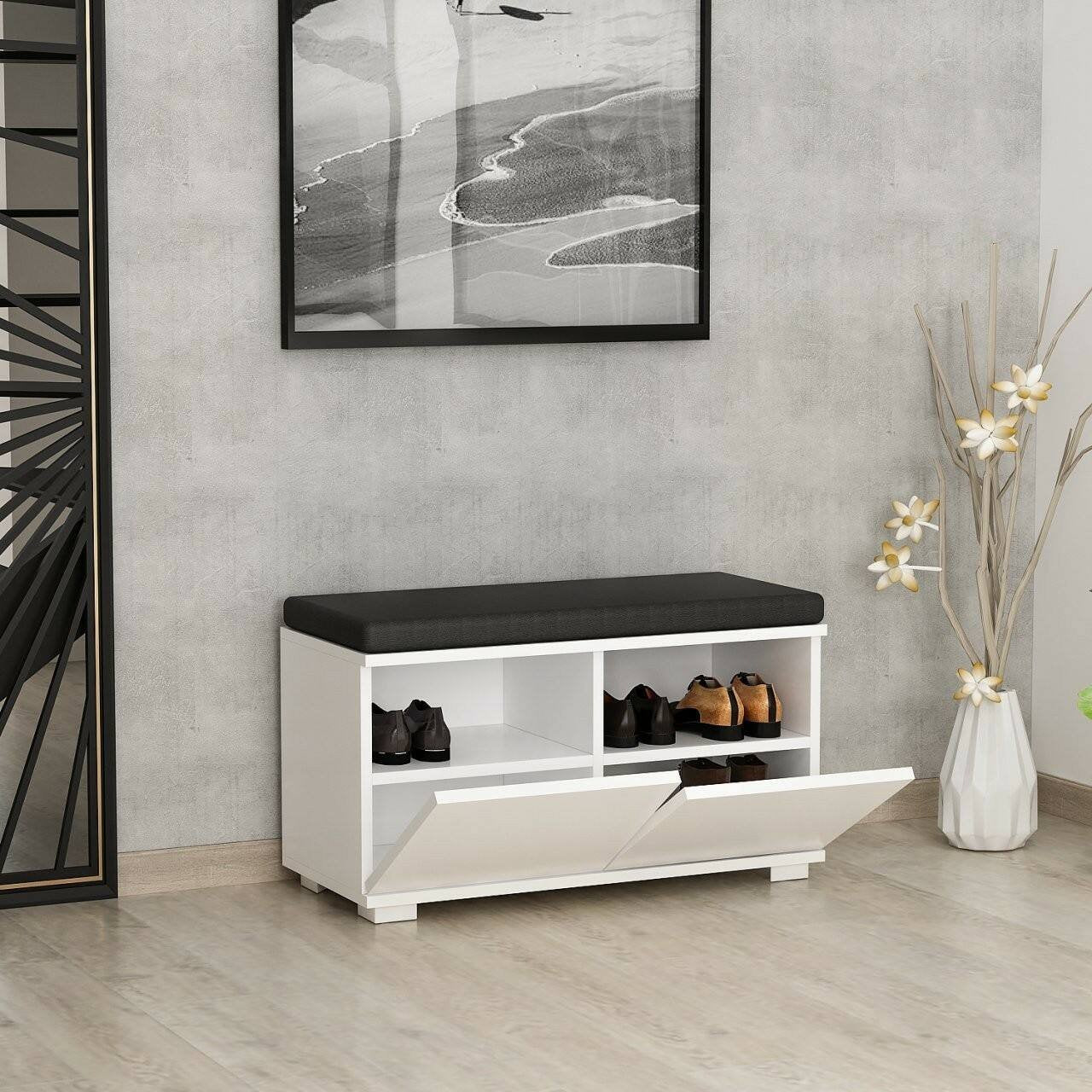 Scarpiera Delphin, Mobile portascarpe, Armadio da ingresso multiuso, Mobiletto per calzature, 80x35 h42 cm, Bianco