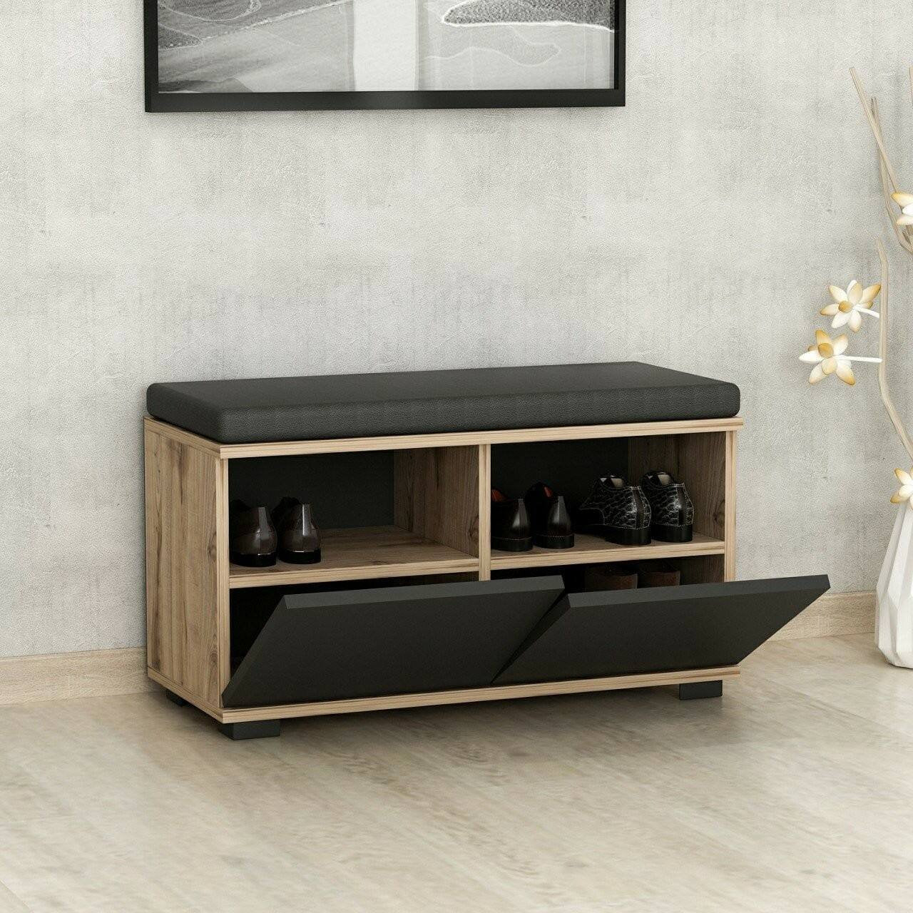 Scarpiera Delphin, Mobile portascarpe, Armadio da ingresso multiuso, Mobiletto per calzature, 80x35 h42 cm, Noce e Nero