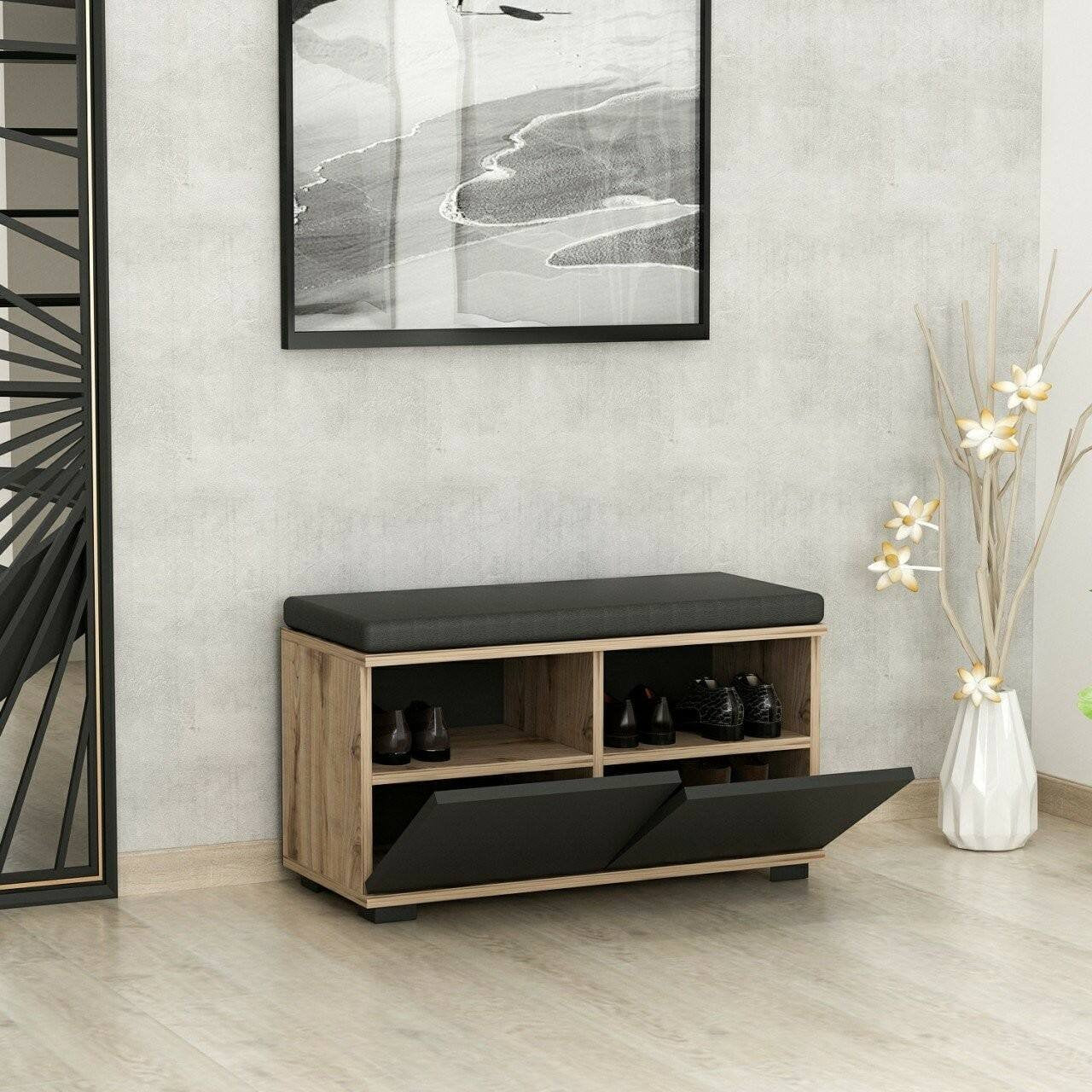 Scarpiera Delphin, Mobile portascarpe, Armadio da ingresso multiuso, Mobiletto per calzature, 80x35 h42 cm, Noce e Nero