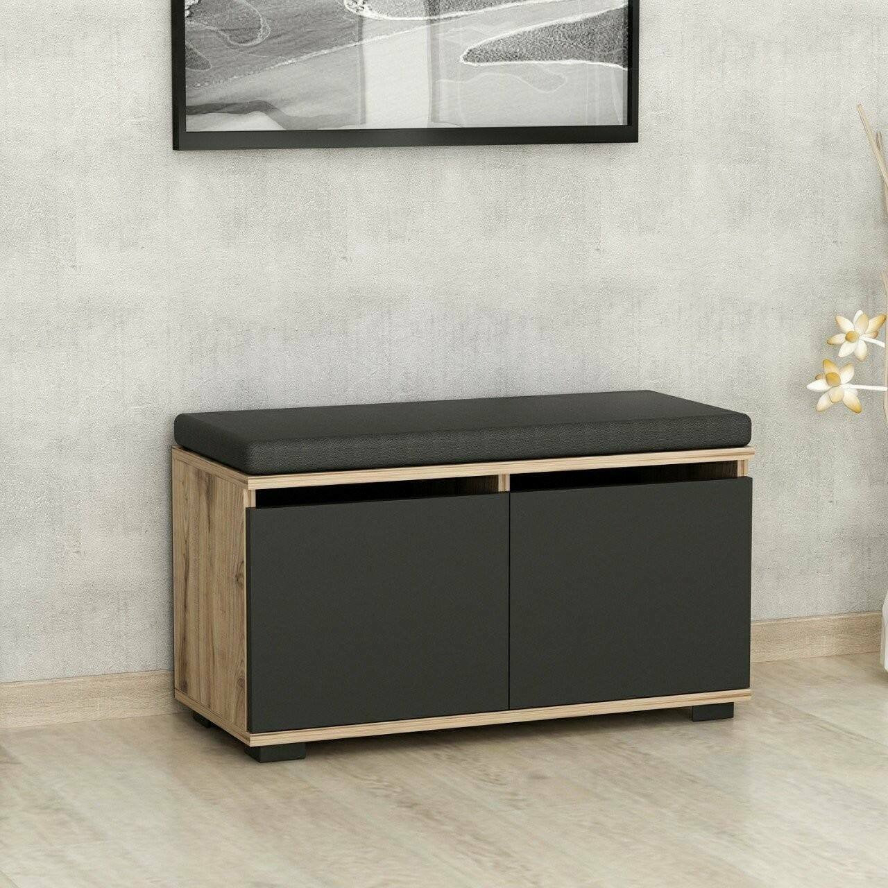 Scarpiera Delphin, Mobile portascarpe, Armadio da ingresso multiuso, Mobiletto per calzature, 80x35 h42 cm, Noce e Nero