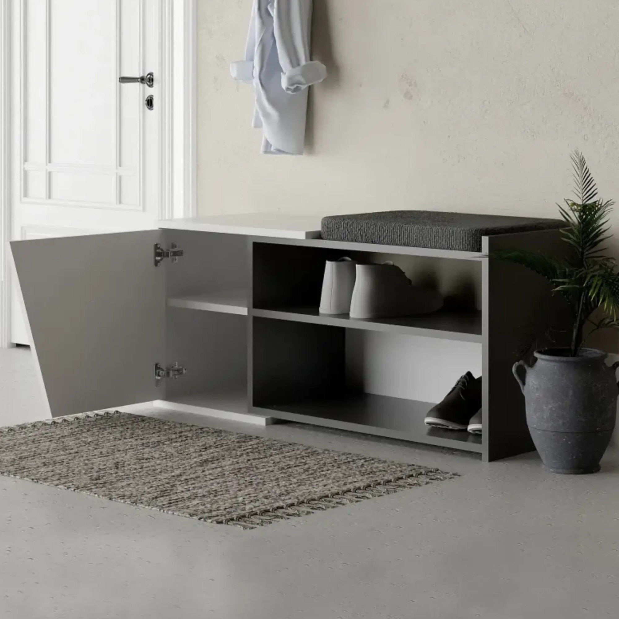 Scarpiera Neneng, Mobile portascarpe, Armadio da ingresso multiuso, Mobiletto per calzature, 105x38 h47 cm, Antracite e Bianco