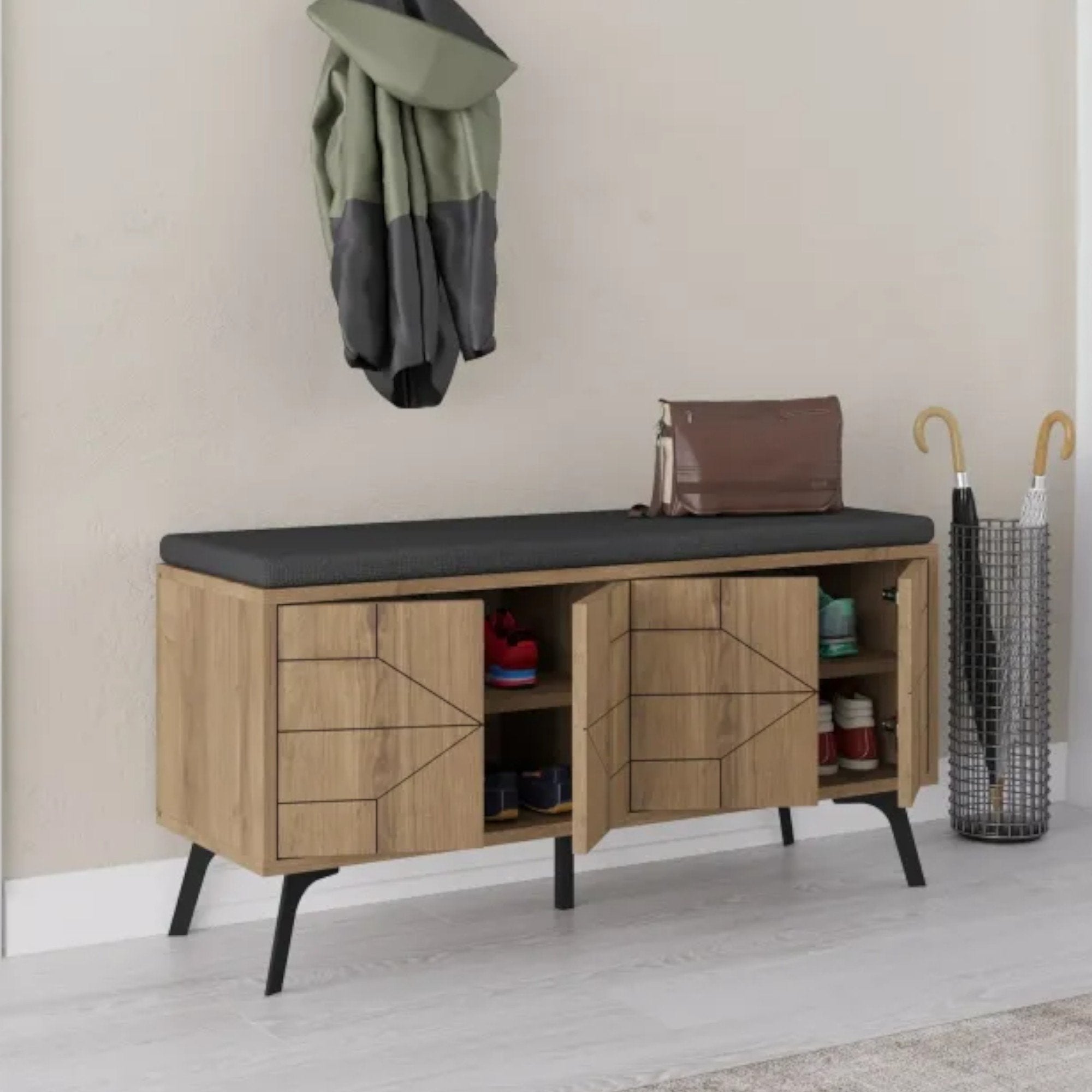 Scarpiera Velma, Mobile portascarpe, Armadio da ingresso multiuso, Mobiletto per calzature, 107x35 h55 cm, Quercia