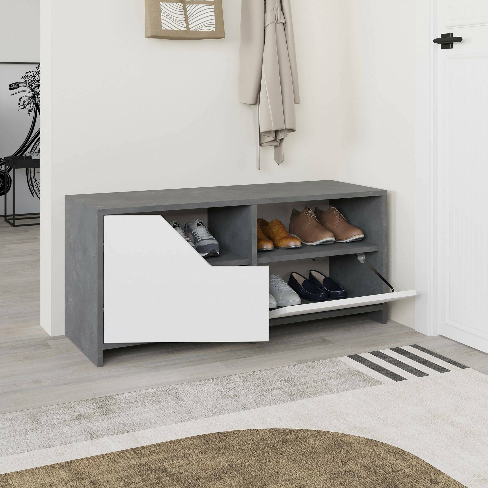 Scarpiera Berto, Mobile portascarpe, Armadio da ingresso multiuso, Mobiletto per calzature, 105x37 h47 cm, Grigio e Bianco