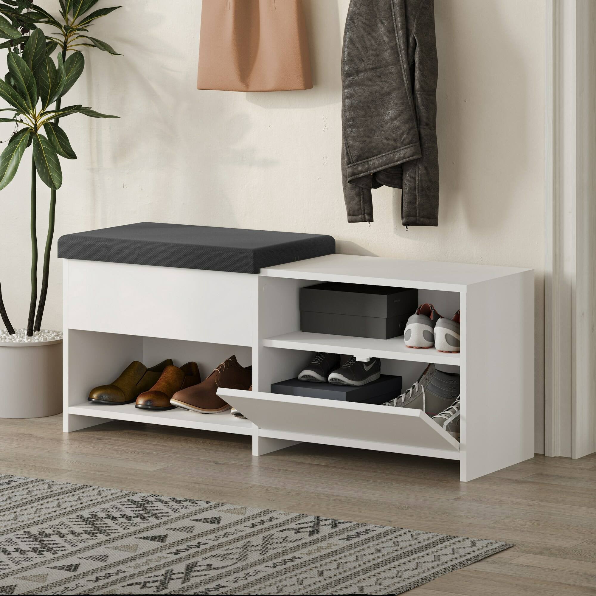 Scarpiera Nuri, Mobile portascarpe, Armadio da ingresso multiuso, Mobiletto per calzature, 120x41 h51 cm, Bianco