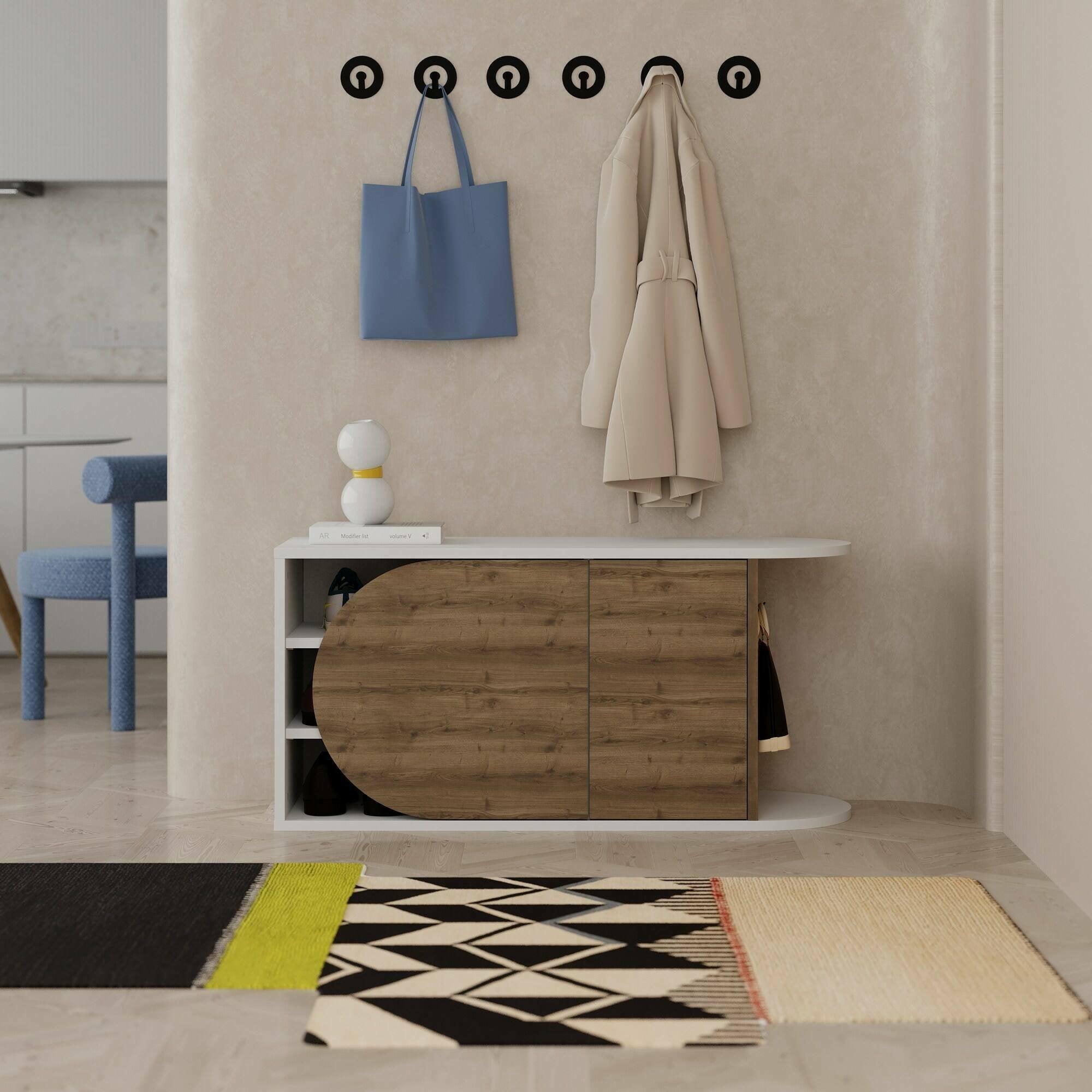 Scarpiera Kyle, Mobile portascarpe, Armadio da ingresso multiuso, Mobiletto per calzature, 104x37 h50 cm, Noce e Bianco