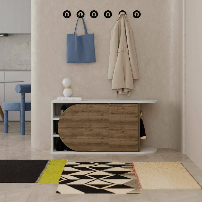 Scarpiera Kyle, Mobile portascarpe, Armadio da ingresso multiuso, Mobiletto per calzature, 104x37 h50 cm, Noce e Bianco