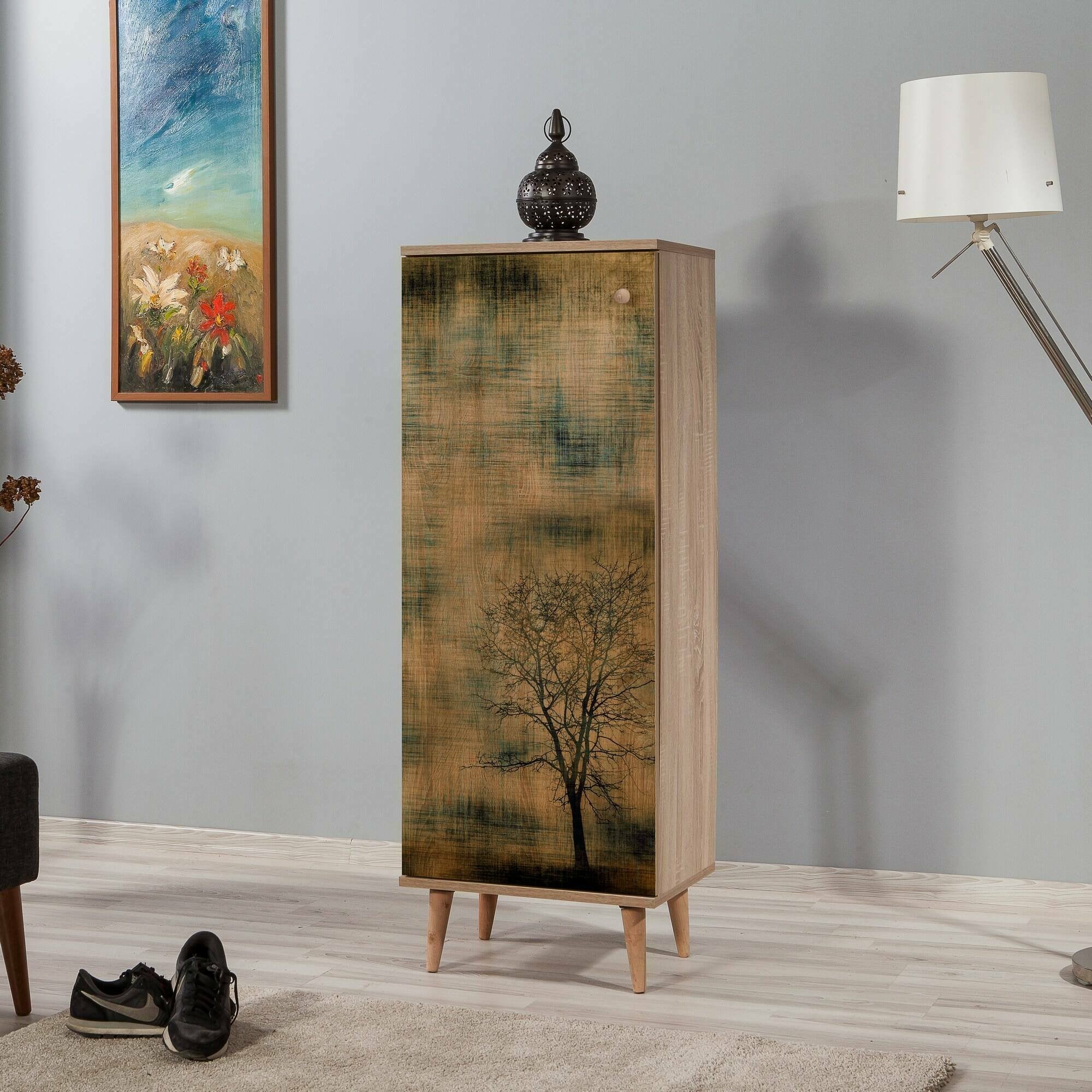 Scarpiera Dacrydium, Mobile portascarpe, Armadio da ingresso multiuso, Mobiletto per calzature, 50x38 h135 cm, Quercia e Giallo