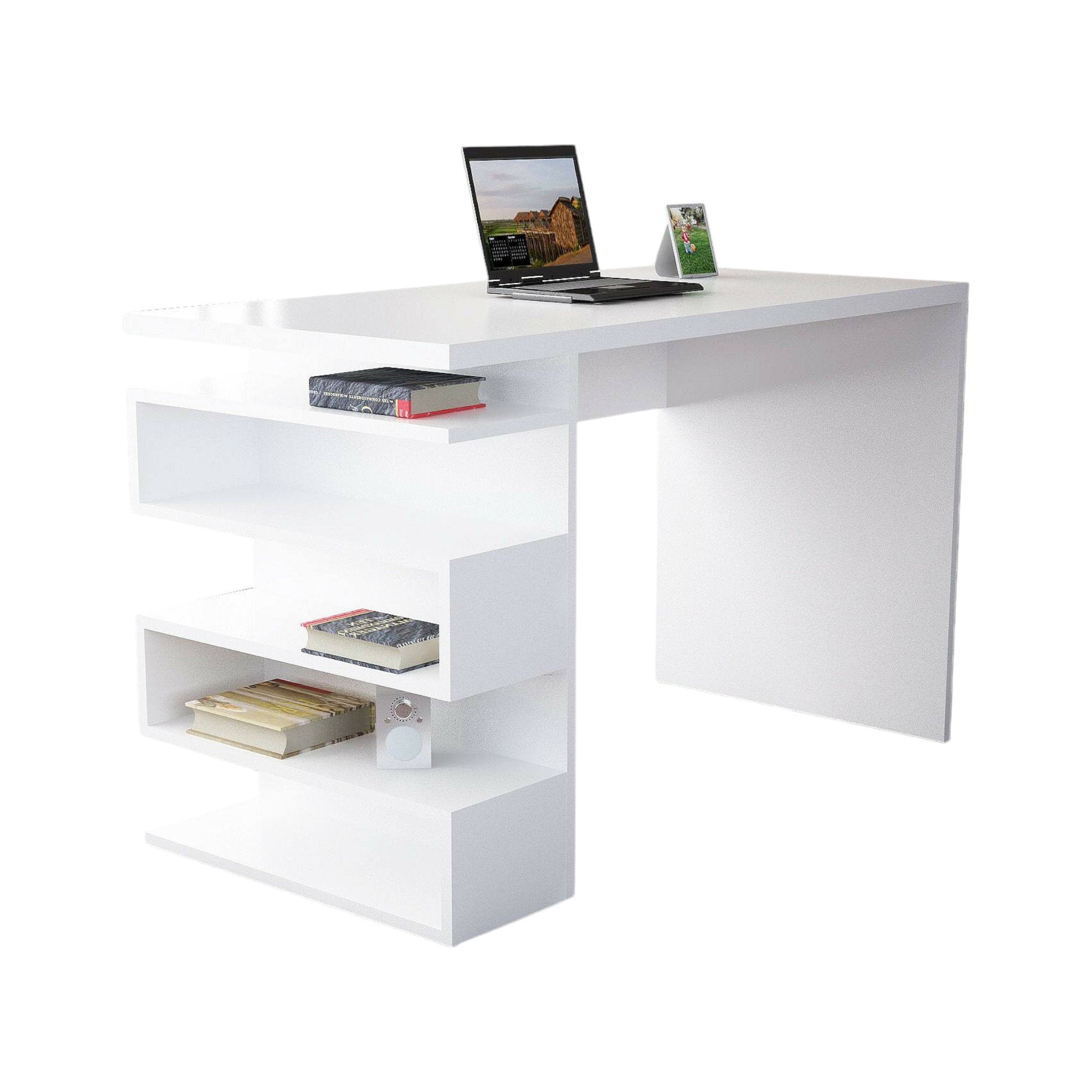 Scrivania Kate, Scrittoio multiuso, Tavolo per ufficio porta PC, Piano di lavoro, 120x60 h75 cm, Bianco