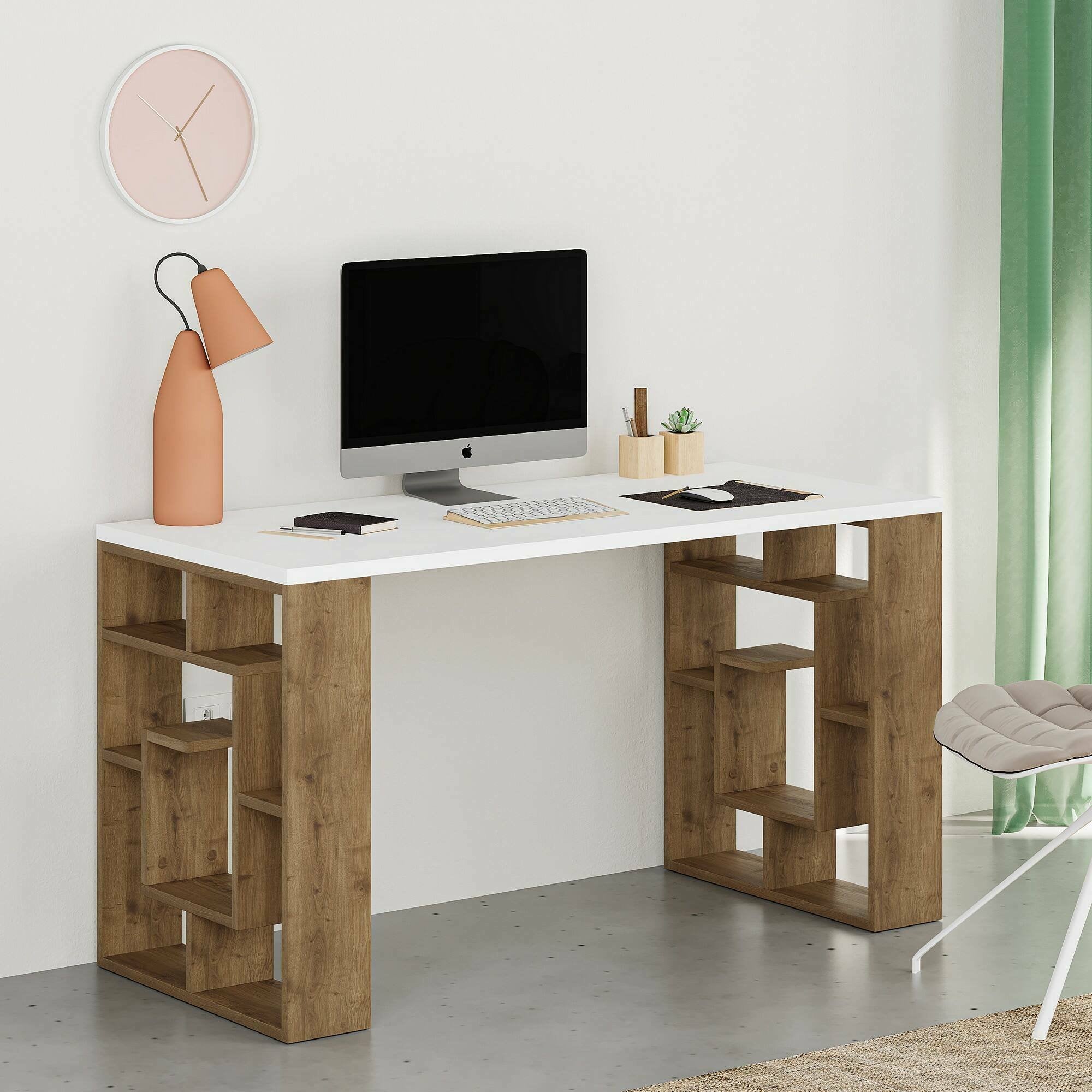 Scrivania Archidamia, Scrittoio multiuso, Tavolo per ufficio porta PC, Piano di lavoro, 140x60 h75 cm, Bianco e Marrone