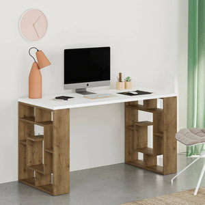 Scrivania Archidamia, Scrittoio multiuso, Tavolo per ufficio porta PC, Piano di lavoro, 140x60 h75 cm, Bianco e Marrone
