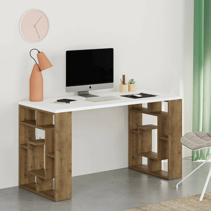 Scrivania Archidamia, Scrittoio multiuso, Tavolo per ufficio porta PC, Piano di lavoro, 140x60 h75 cm, Bianco e Marrone