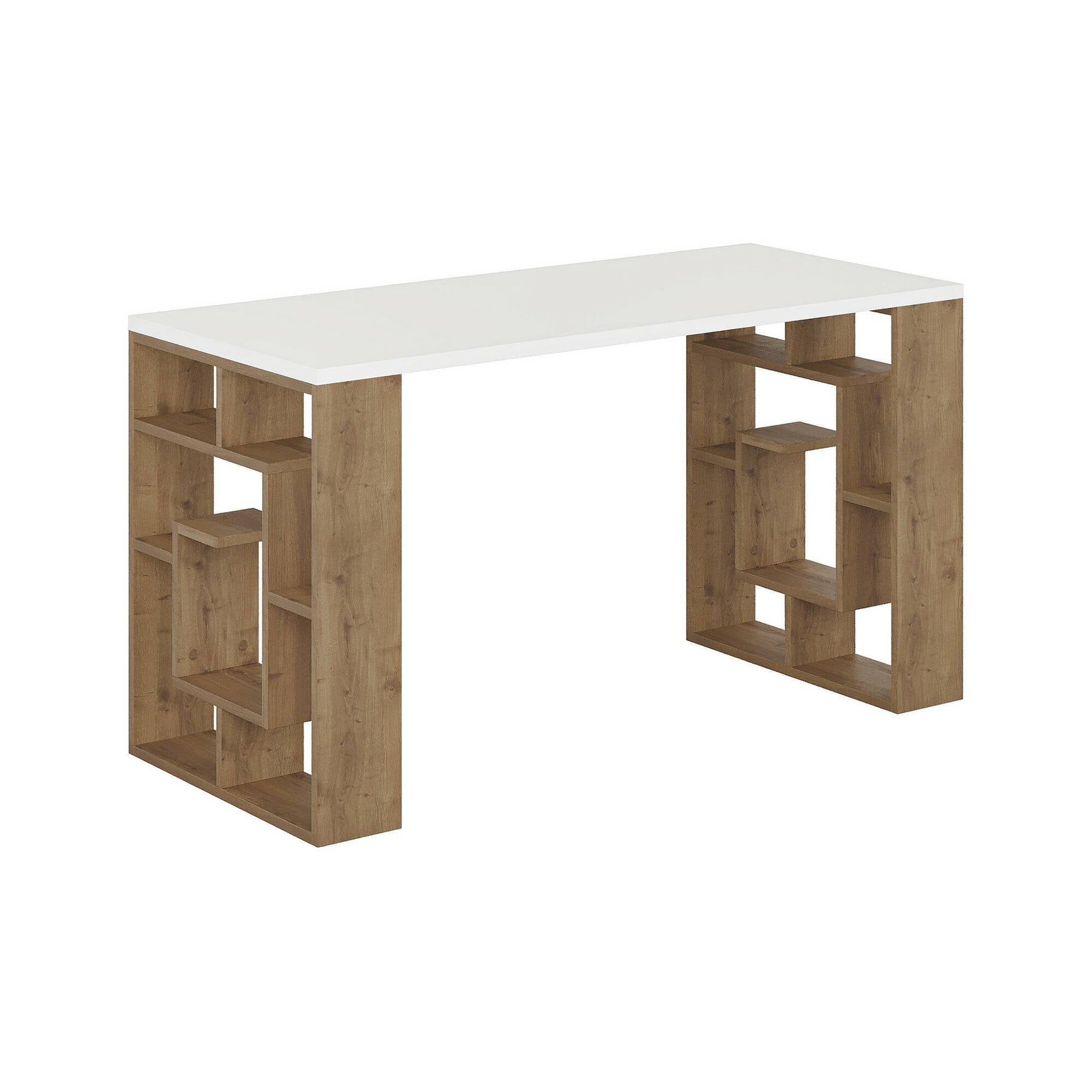 Scrivania Archidamia, Scrittoio multiuso, Tavolo per ufficio porta PC, Piano di lavoro, 140x60 h75 cm, Bianco e Marrone