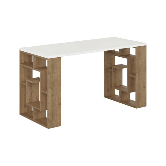 Scrivania Archidamia, Scrittoio multiuso, Tavolo per ufficio porta PC, Piano di lavoro, 140x60 h75 cm, Bianco e Marrone