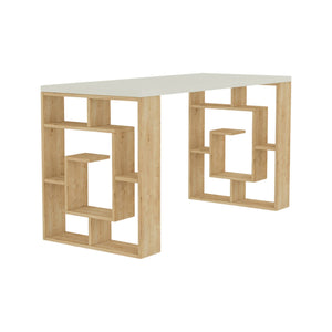 Scrivania Archidamia, Scrittoio multiuso, Tavolo per ufficio porta PC, Piano di lavoro, 140x60 h75 cm, Bianco e Quercia