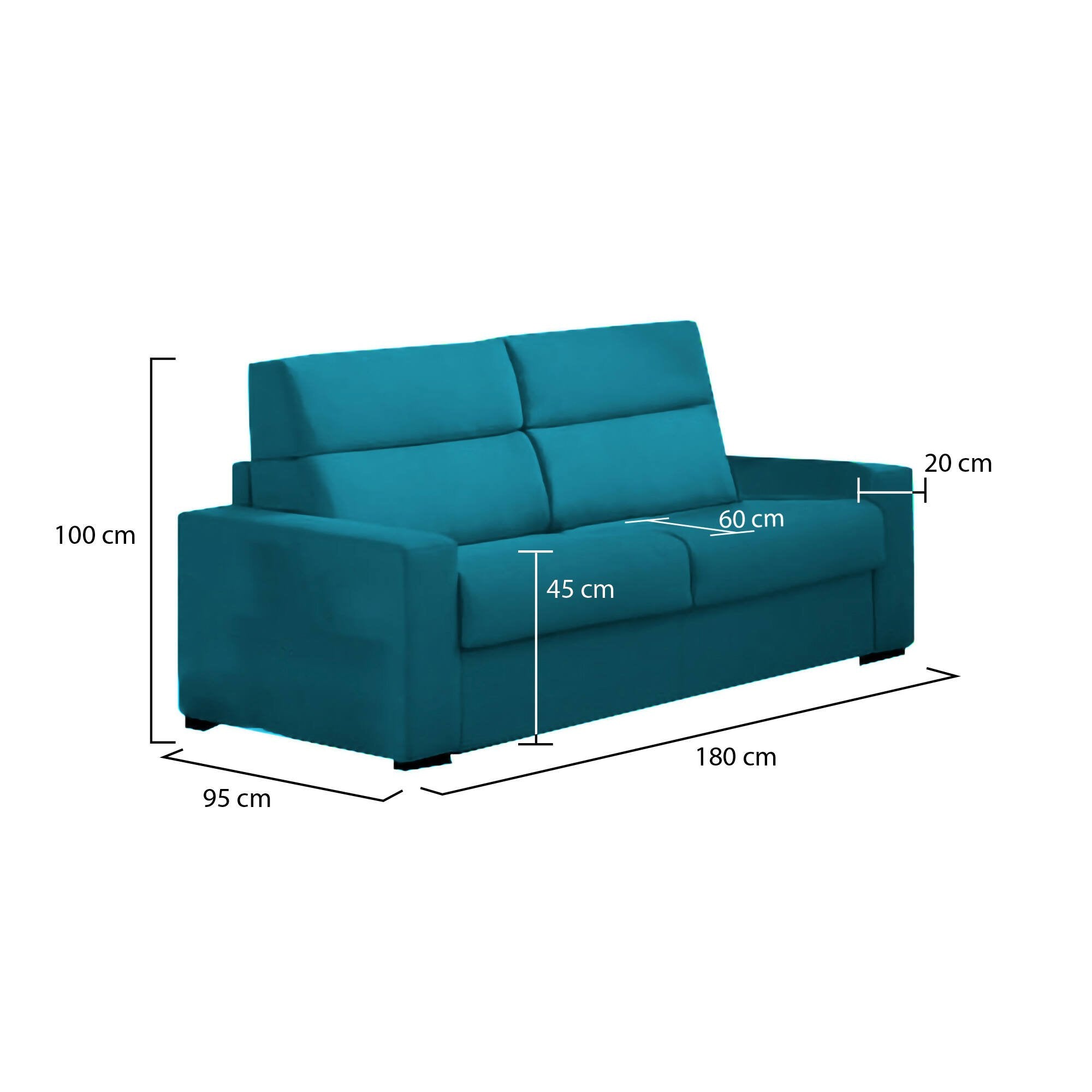 Divano fisso 2 posti Vialfre, Sofà lineare per salotto, imbottito, sfoderabile, Qualità 100% Made in Italy, 180x95 h100 cm, Azzurro