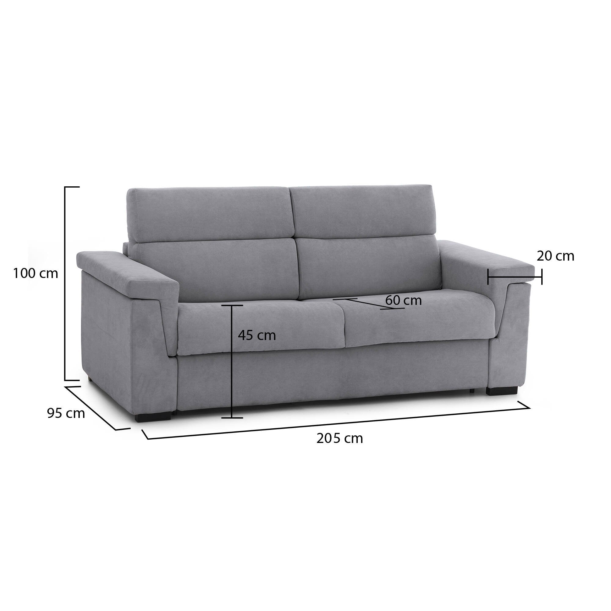 Divano fisso 2 posti Flaibano, Sofà lineare per salotto, imbottito, sfoderabile, Qualità 100% Made in Italy, 205x95 h100 cm, Grigio