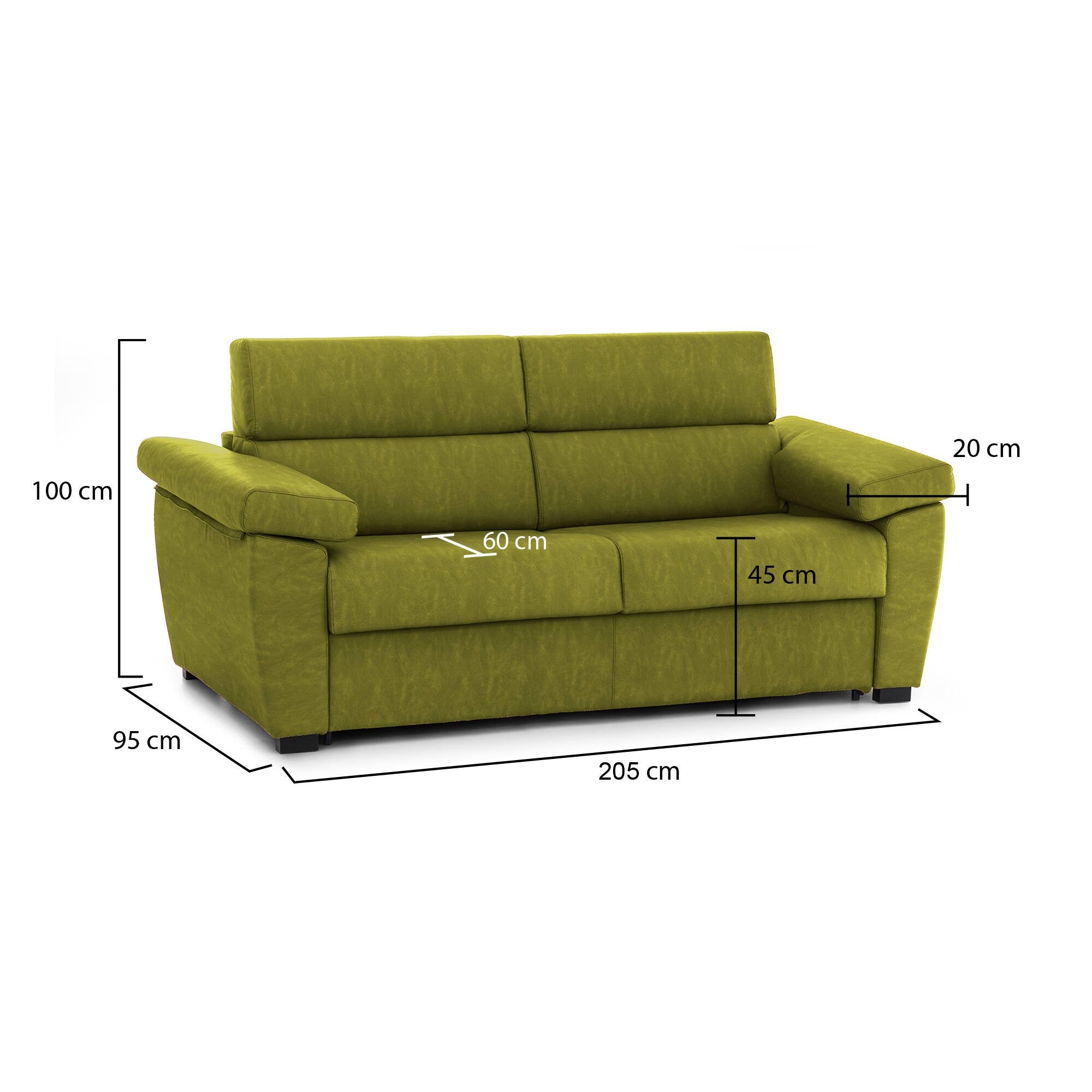 Divano fisso 2 posti Gorreto, Sofà lineare per salotto, imbottito, sfoderabile, Qualità 100% Made in Italy, 205x95 h100 cm, Verde