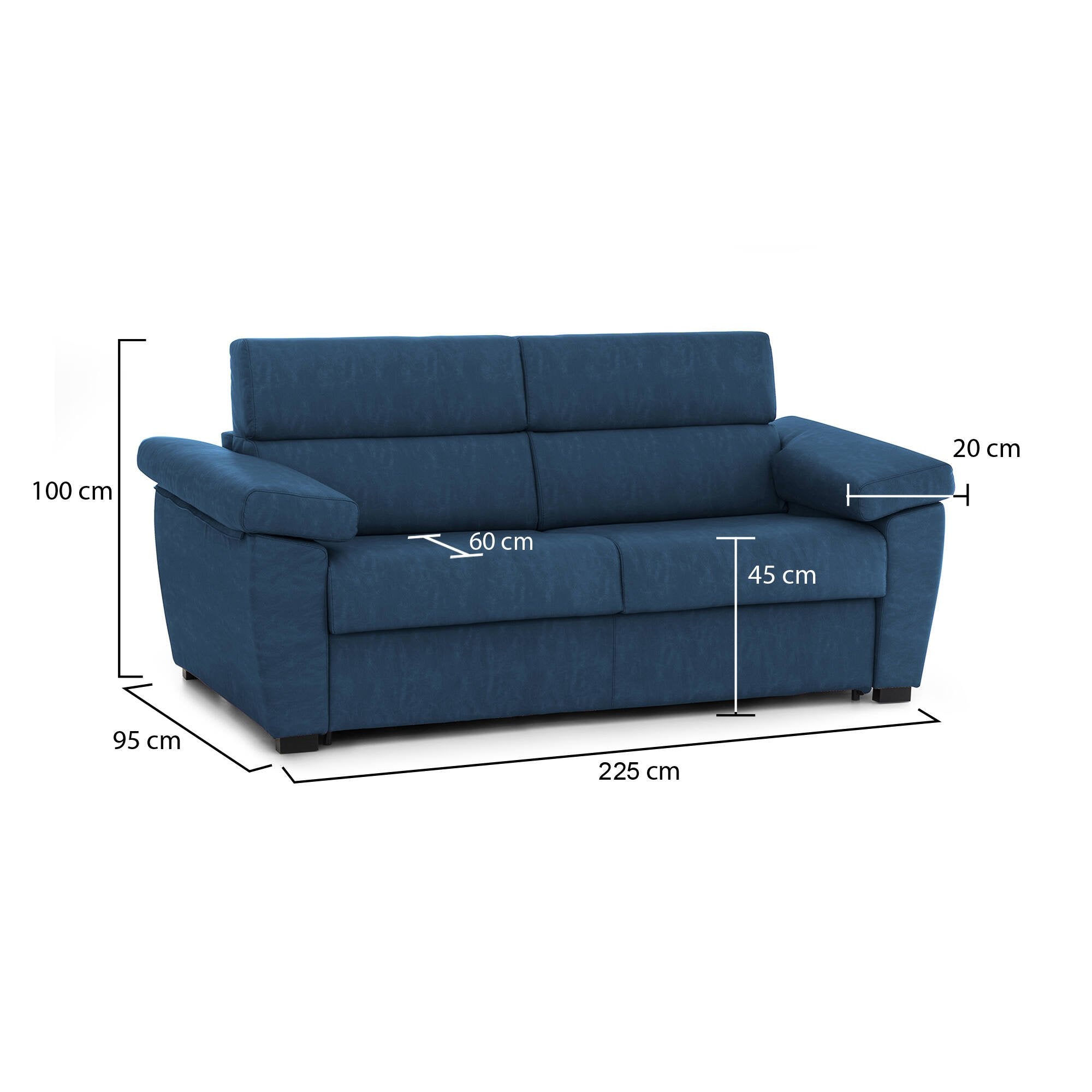 Divano fisso 3 posti Giffone, Sofà lineare per salotto, imbottito, sfoderabile, Qualità 100% Made in Italy, 225x95 h100 cm, Blu