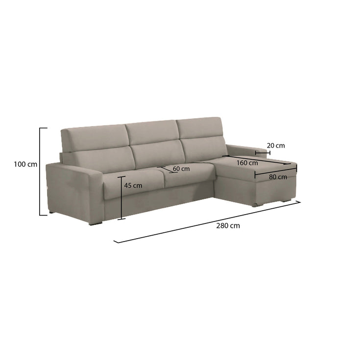 Divano fisso con penisola Vigonovo, Sofà angolare per salotto, imbottito, sfoderabile, Qualità 100% Made in Italy, 280x160 h100 cm, Tortora