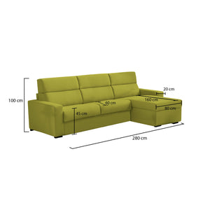 Divano fisso con penisola Vigonovo, Sofà angolare per salotto, imbottito, sfoderabile, Qualità 100% Made in Italy, 280x160 h100 cm, Verde