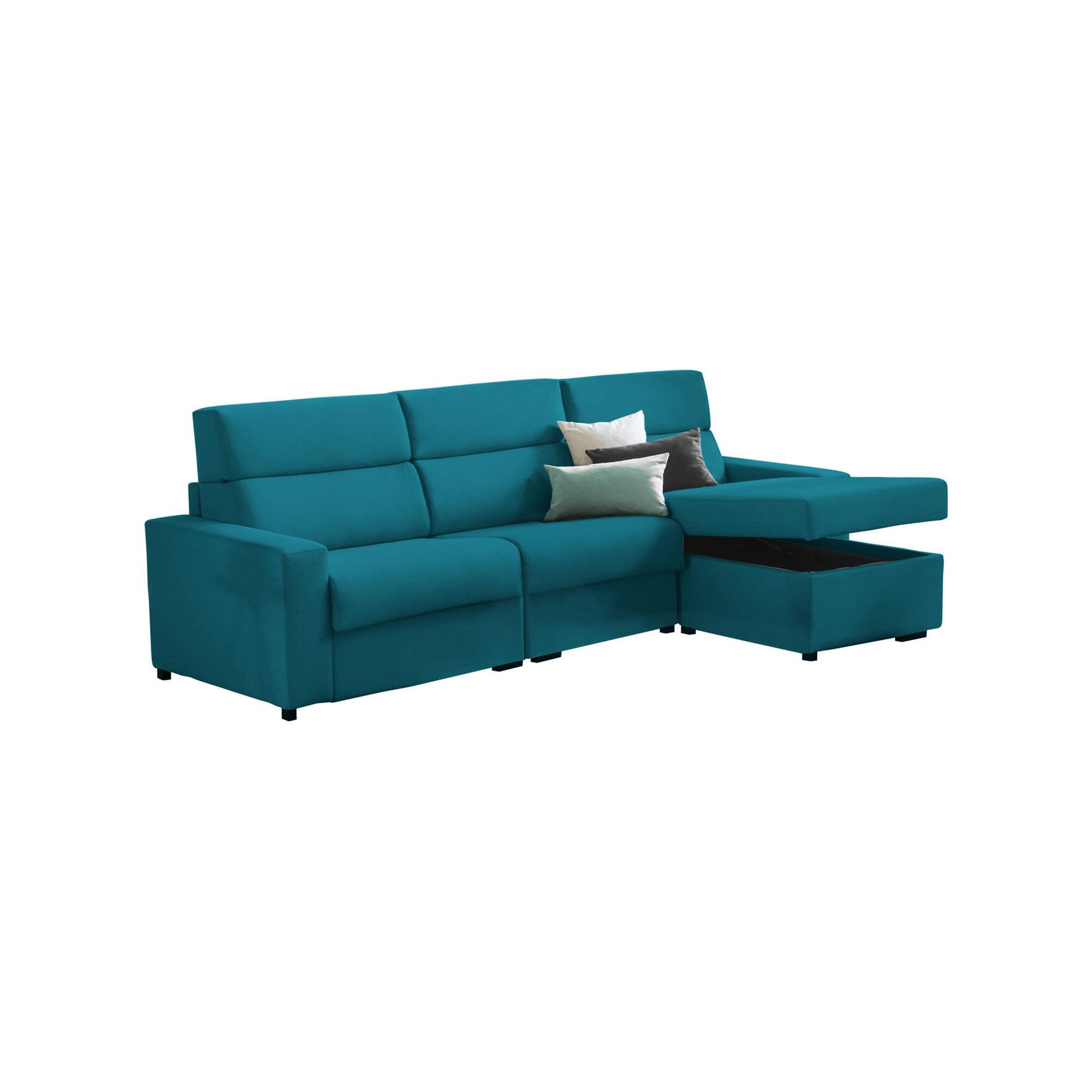 Divano fisso con penisola Vigonovo, Sofà angolare per salotto, imbottito, sfoderabile, Qualità 100% Made in Italy, 280x160 h100 cm, Azzurro