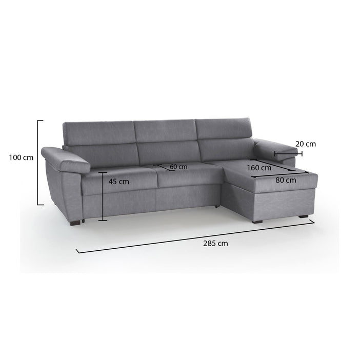 Divano fisso con penisola Ceto, Sofà angolare per salotto, imbottito, sfoderabile, Qualità 100% Made in Italy, 285x160 h100 cm, Grigio