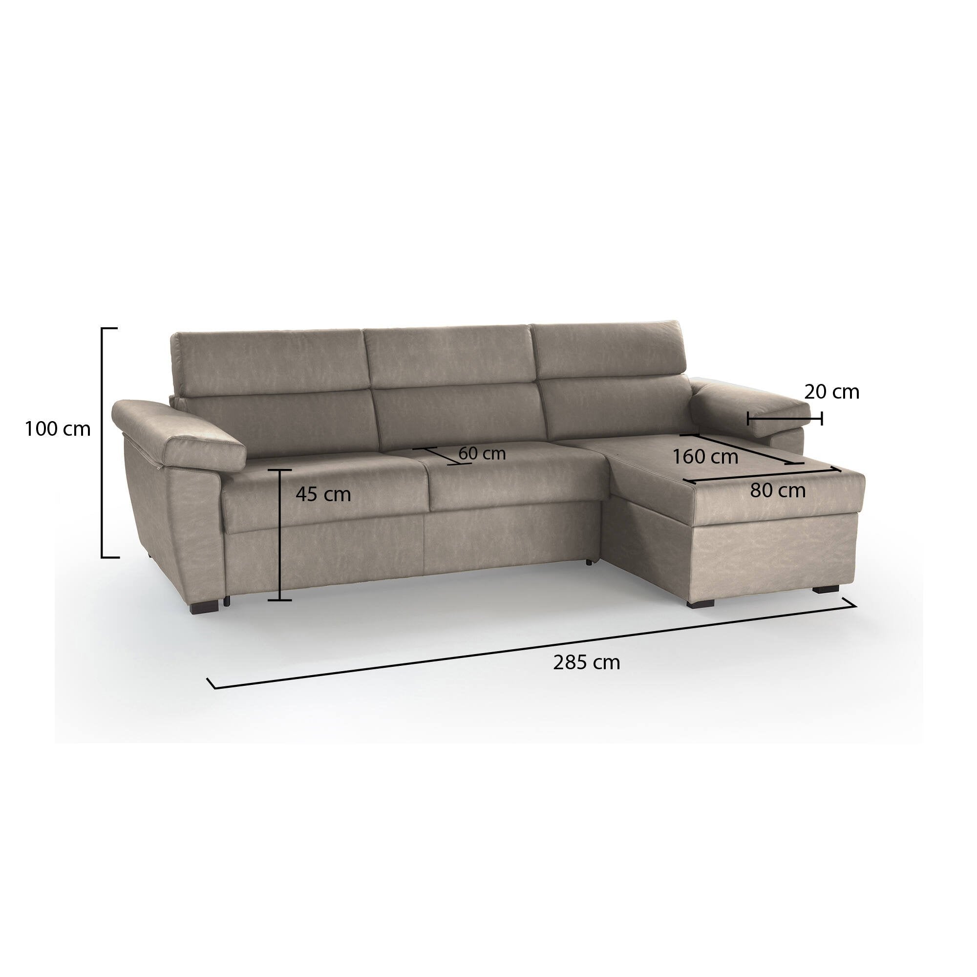 Divano fisso con penisola Ceto, Sofà angolare per salotto, imbottito, sfoderabile, Qualità 100% Made in Italy, 285x160 h100 cm, Tortora