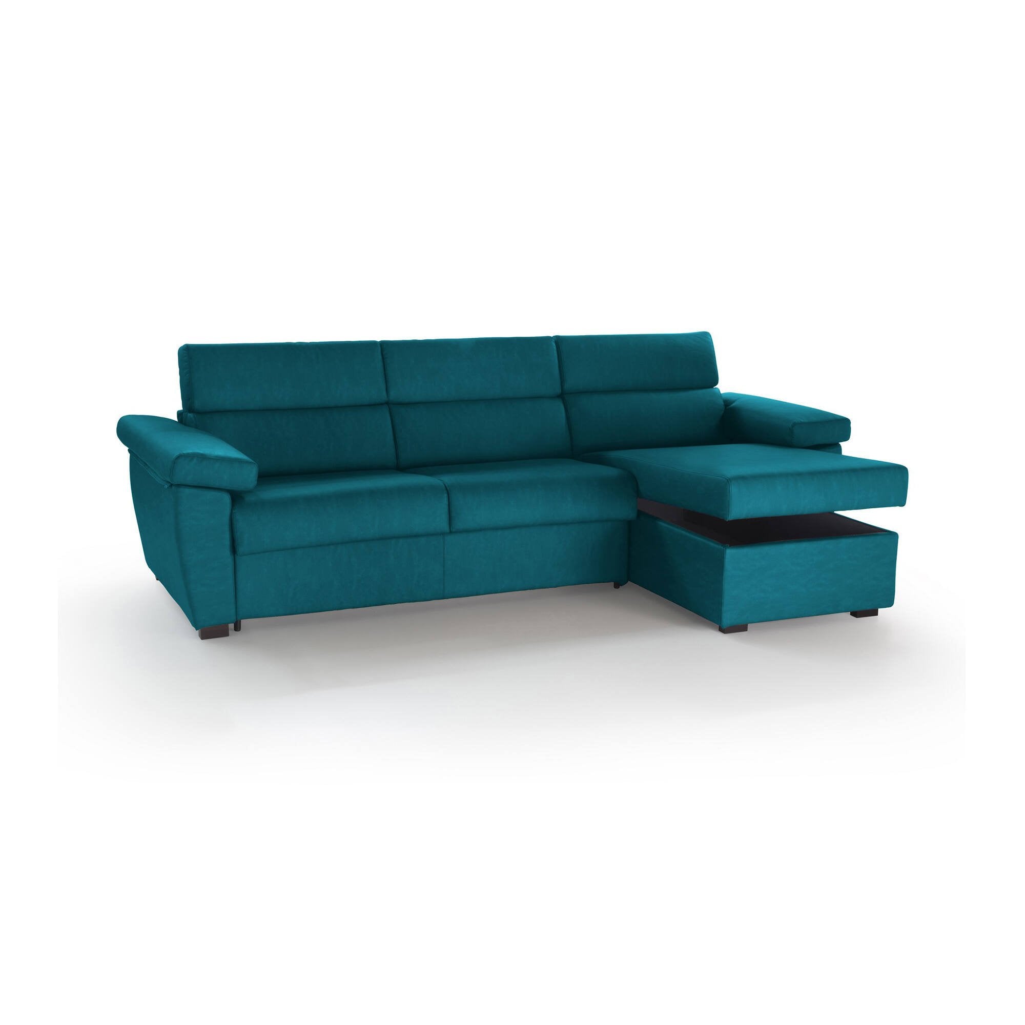 Divano fisso con penisola Ceto, Sofà angolare per salotto, imbottito, sfoderabile, Qualità 100% Made in Italy, 285x160 h100 cm, Azzurro