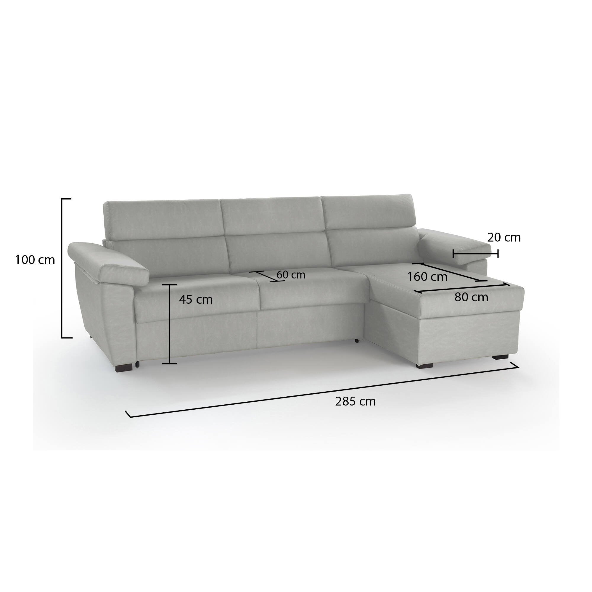Divano fisso con penisola Ceto, Sofà angolare per salotto, imbottito, sfoderabile, Qualità 100% Made in Italy, 285x160 h100 cm, Grigio chiaro