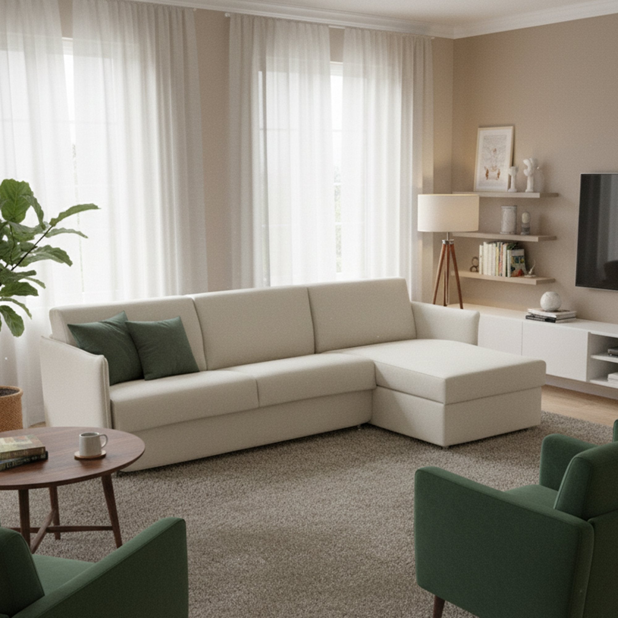 Divano fisso con penisola Posina, Sofà angolare per salotto, imbottito, sfoderabile, Qualità 100% Made in Italy, 260x160 h90 cm, Beige