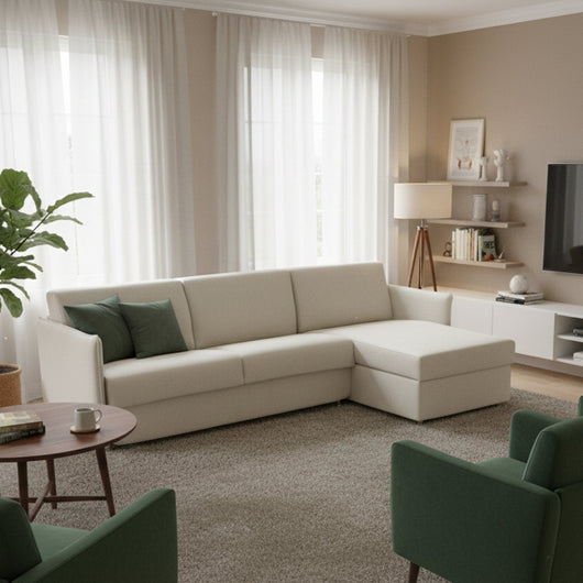 Divano fisso con penisola Posina, Sofà angolare per salotto, imbottito, sfoderabile, Qualità 100% Made in Italy, 260x160 h90 cm, Beige