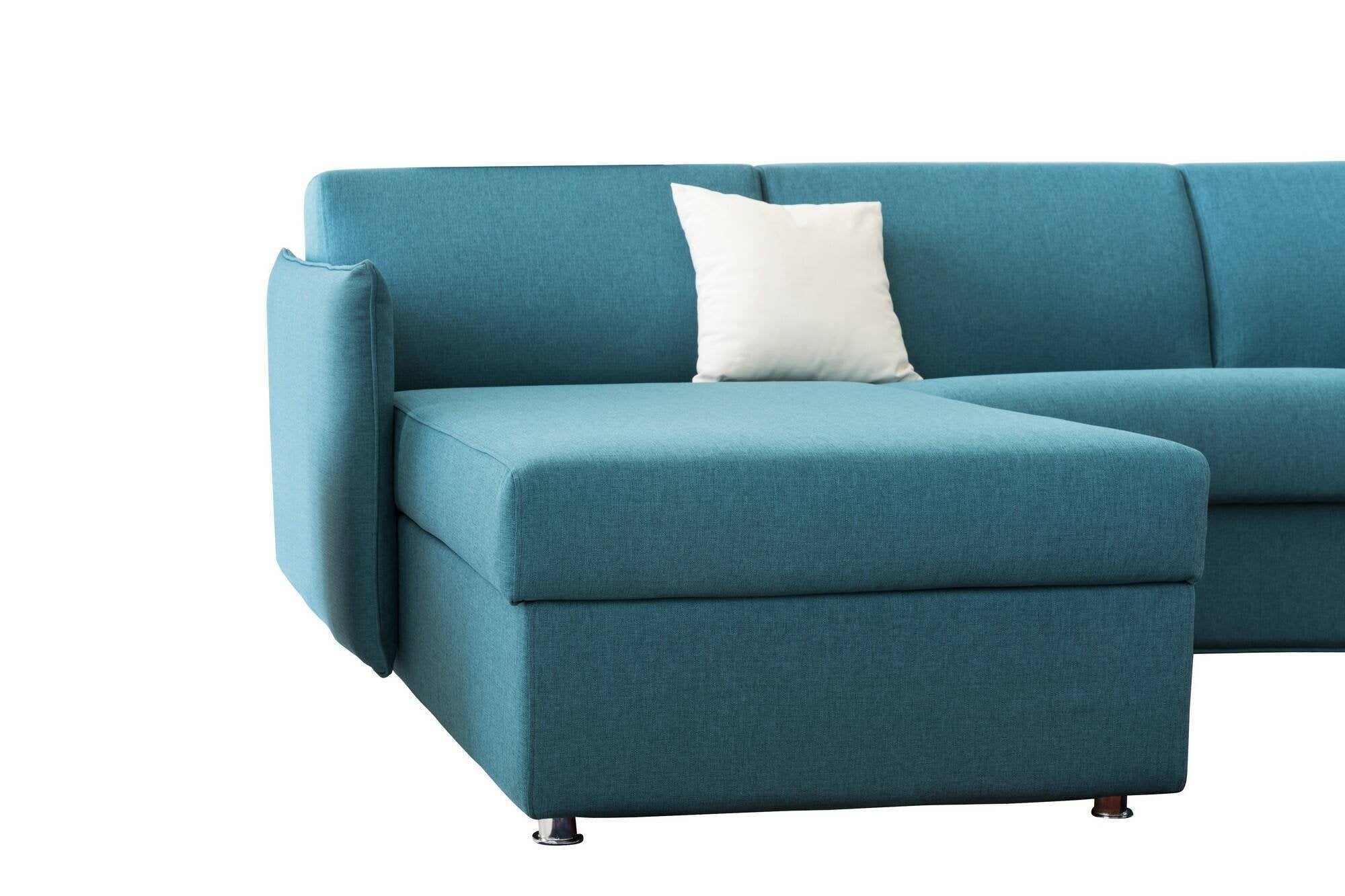 Divano fisso con penisola Posina, Sofà angolare per salotto, imbottito, sfoderabile, Qualità 100% Made in Italy, 260x160 h90 cm, Azzurro