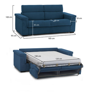 Divano letto 2 posti Tenna, Sofà trasformabile per salotto, imbottito, sfoderabile, Qualità 100% Made in Italy, 185x95 h100 cm, Blu