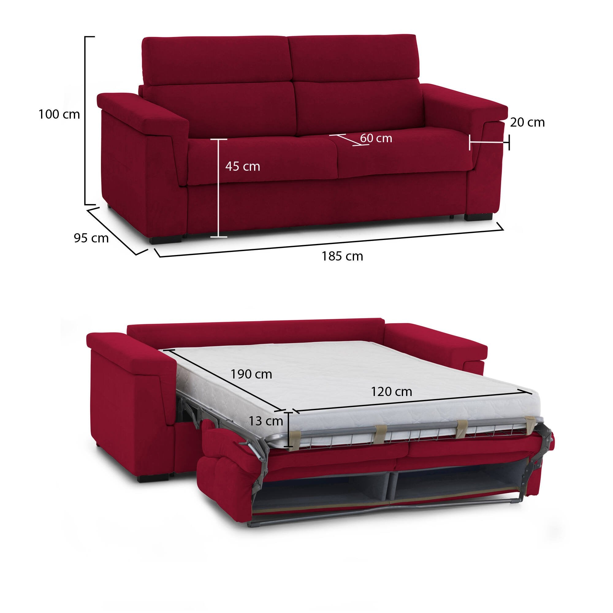 Divano letto 2 posti Tenna, Sofà trasformabile per salotto, imbottito, sfoderabile, Qualità 100% Made in Italy, 185x95 h100 cm, Rosso